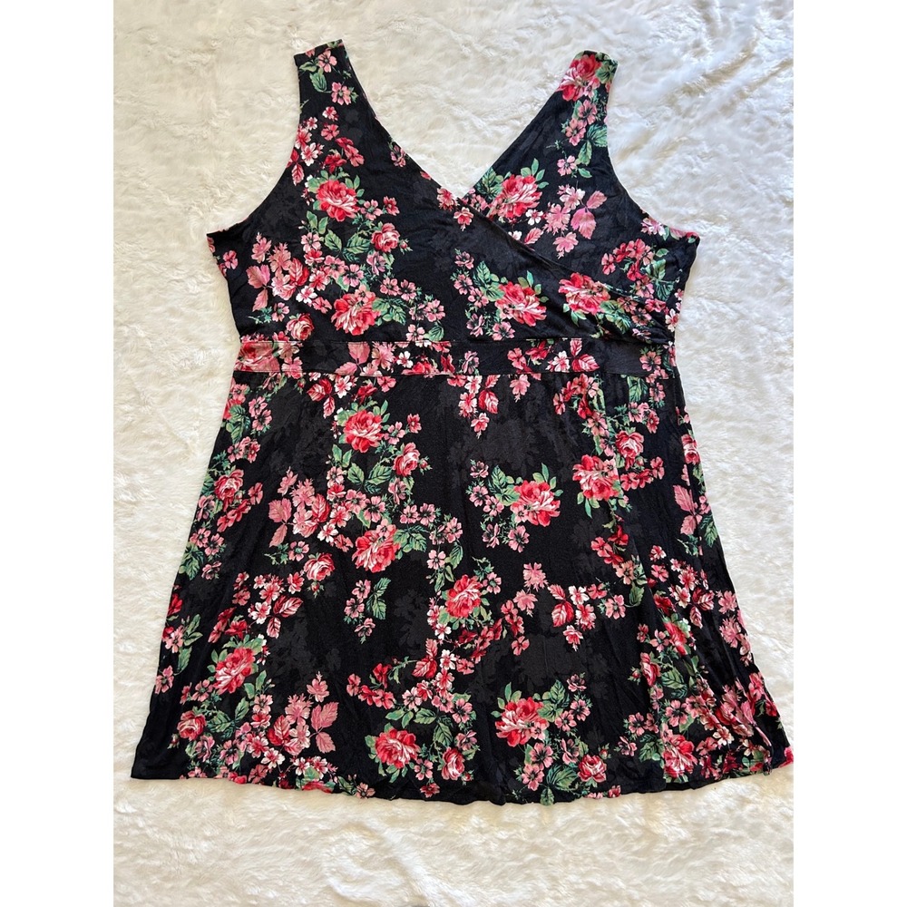 Maurices 24/7 Casual Sun Dress Women 3X Black Floral Sleeveless Faux Wrap V-Neck